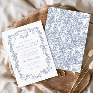 Victorian Monogram Fransk Blue Blommigt Bröllop Inbjudningar