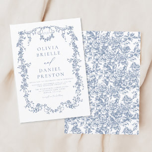 Victorian Monogram Fransk Blue Blommigt Bröllop Inbjudningar