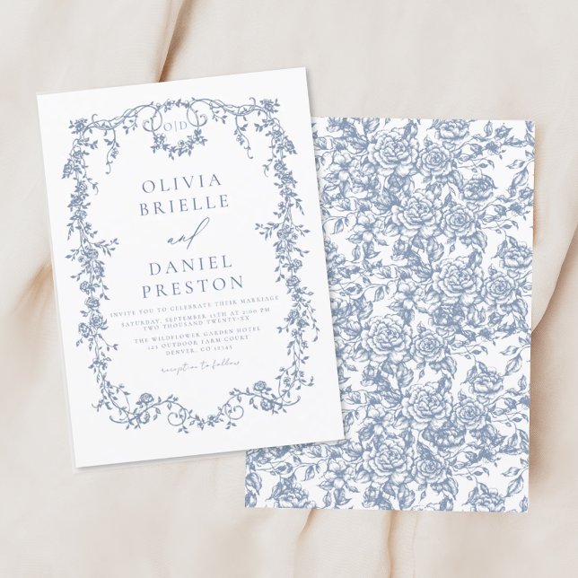 Victorian Monogram Fransk Blue Blommigt Bröllop Inbjudningar (Skapare uppladdad)