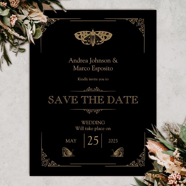 Victorian Moth Black Gothic Bröllop spara datum (Gothic Moth Tattoo Wedding Save the date Vintage)