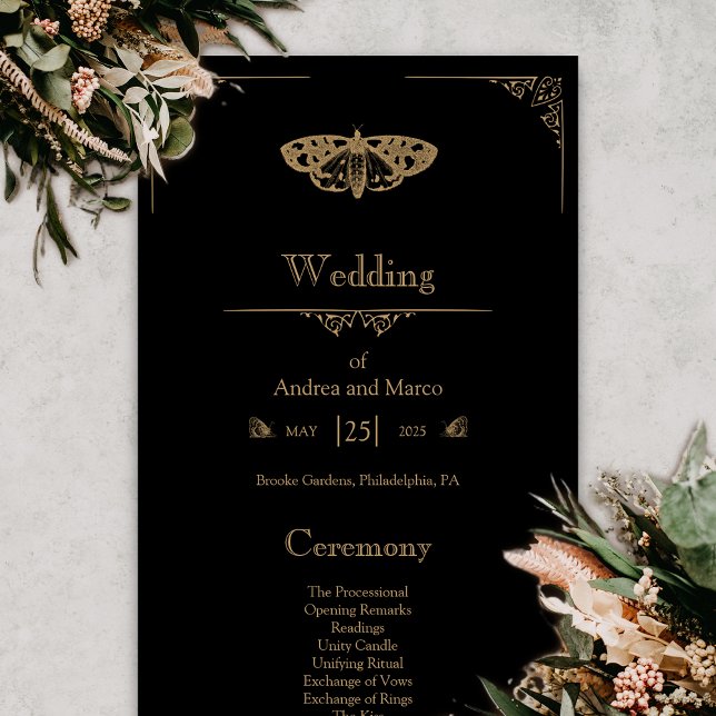 Victorian Moth Elegant Gothic Bröllopsprogram (Gothic Moth Tattoo Wedding Program)