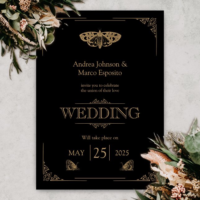 Victorian Moth Elegant Gothic Wedding bjudande Inbjudningar (Gothic Moth Tattoo Wedding Invitation)