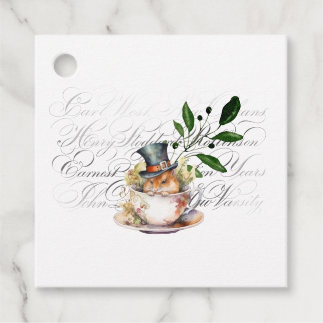 Victorian Mouse i Tea kopp Gåvor Etiketter (Framsida)