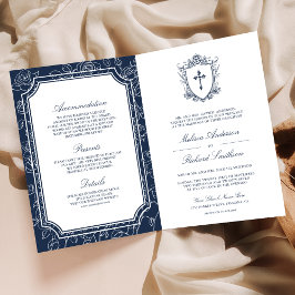 Victorian Navy Blue Catholic QR Code Wedding Inbjudan