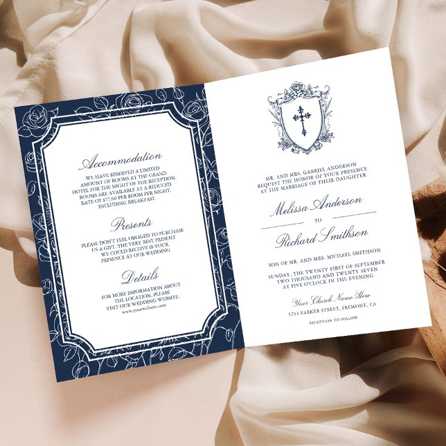 Victorian Navy Blue Catholic QR Code Wedding Inbjudan (Skapare uppladdad)