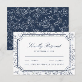 Victorian Navy Blue Floral Line Art Wedding OSA Kort