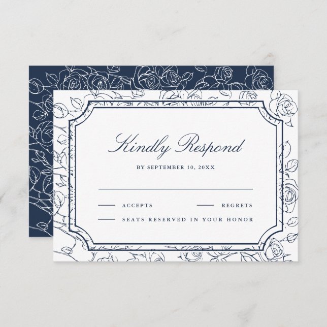 Victorian Navy Blue Floral Line Art Wedding OSA Kort (Fram/baksida)