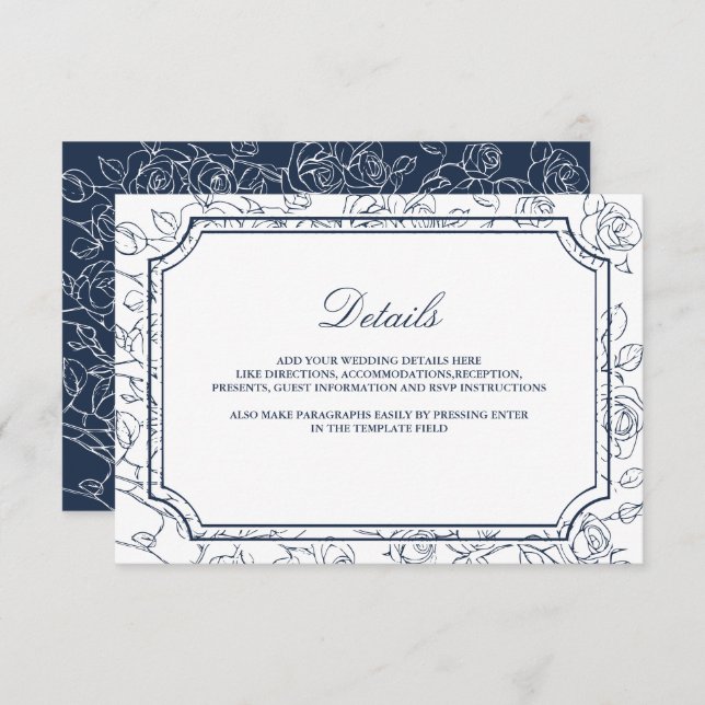 Victorian Navy Blue Line Art Wedding Details Tilläggskort (Fram/baksida)