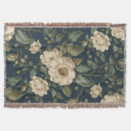 Victorian Navy & Cream Floral Botanical Blanket Filt
