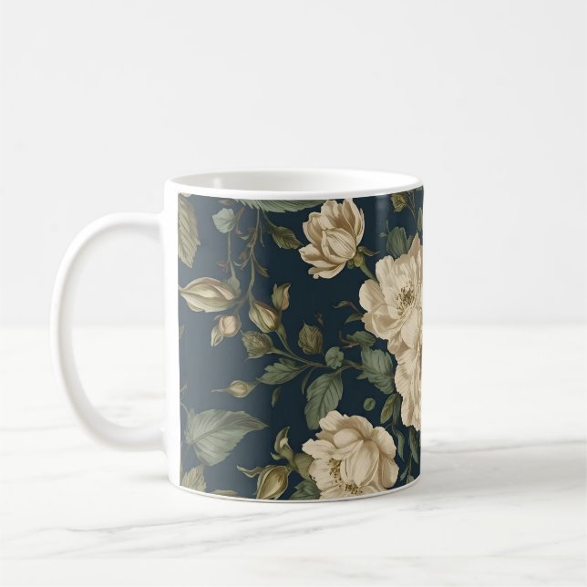 Victorian Navy & Cream Floral Botanical Blanket Kaffemugg (Vänster)