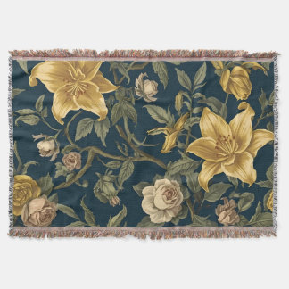 Victorian Navy & Yellow Lily Vintage Floral Patter Filt