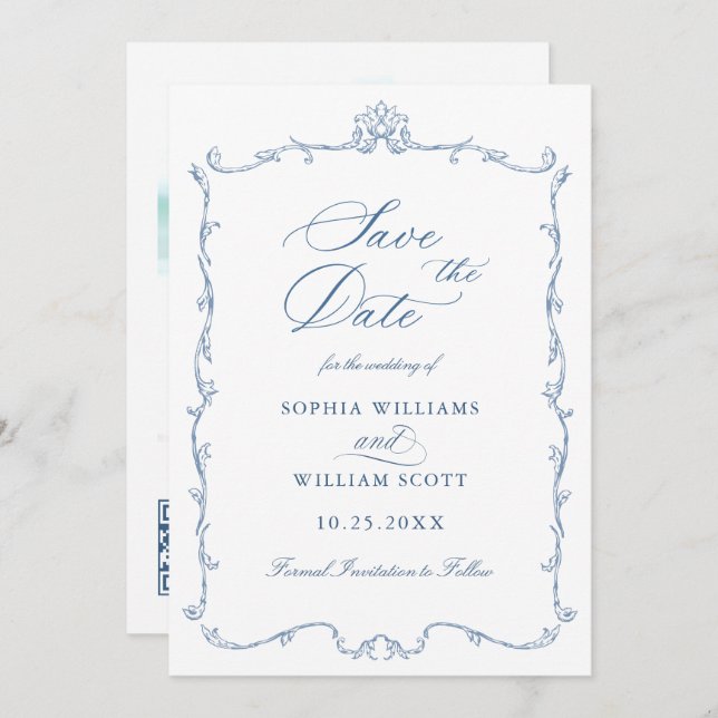 Victorian Ornate Blommigt Dusty Blue Bröllop Photo Spara Datumet (Fram/baksida)