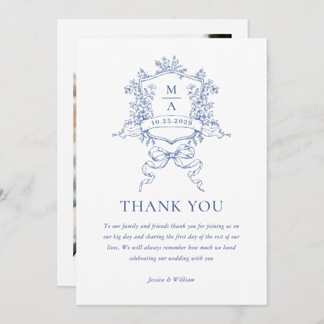 Victorian Ornate Blommigt Dusty Blue Bröllop Photo Tack Kort (Fram/baksida)