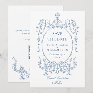Victorian Ornate Blommigt Dusty Blue Bröllop QR-ko Spara Datumet