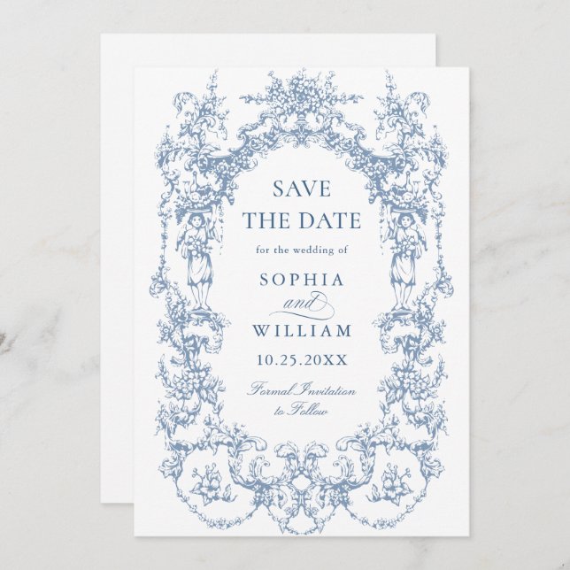 Victorian Ornate Blommigt Dusty Blue Bröllop QR-ko Spara Datumet (Fram/baksida)