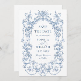 Victorian Ornate Blommigt Dusty Blue Bröllop QR-ko Spara Datumet