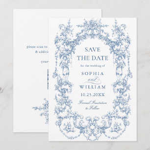 Victorian Ornate Blommigt Dusty Blue Bröllop QR-ko Spara Datumet