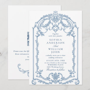 Victorian Ornate Blommigt Dusty Blue QR kod Bröllo Inbjudningar