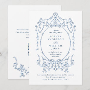 Victorian Ornate Blommigt Dusty Blue QR kod Bröllo Inbjudningar