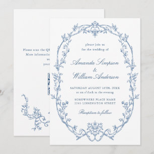 Victorian Ornate Blommigt Dusty Blue QR kod Bröllo Inbjudningar