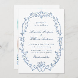 Victorian Ornate Blommigt Dusty Blue QR kod Bröllo Inbjudningar