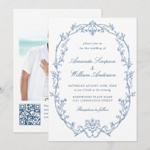 Victorian Ornate Blommigt Dusty Blue QR kod Bröllo Inbjudningar