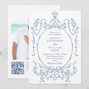 Victorian Ornate Blommigt Dusty Blue QR kod Bröllo Inbjudningar