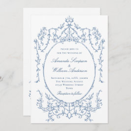 Victorian Ornate Blommigt Dusty Blue QR kod Bröllo Inbjudningar