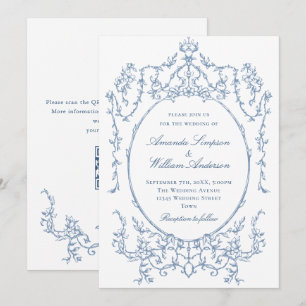 Victorian Ornate Blommigt Dusty Blue QR kod Bröllo Inbjudningar