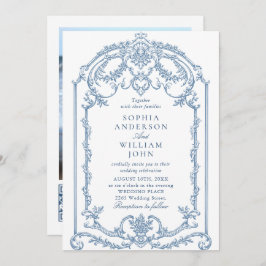 Victorian Ornate Blommigt Dusty Blue QR kod Bröllo Inbjudningar