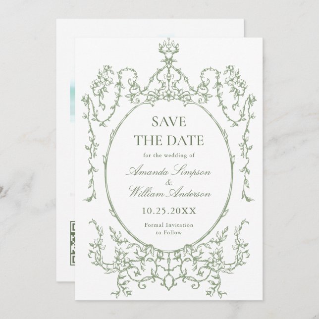 Victorian Ornate Blommigt Sage Grönt Bröllop Photo Spara Datumet (Fram/baksida)