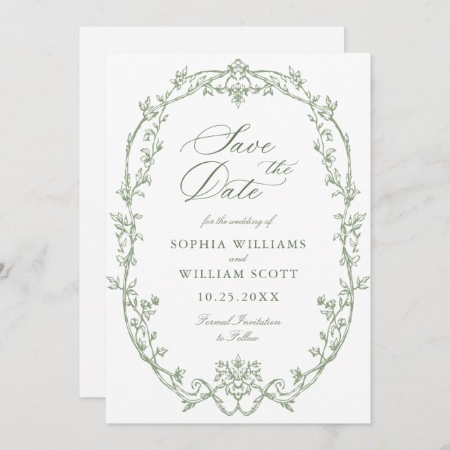 Victorian Ornate Blommigt Sage Grönt Bröllop QR-ko Spara Datumet (Fram/baksida)