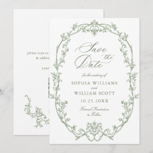 Victorian Ornate Blommigt Sage Grönt Bröllop QR-ko Spara Datumet
