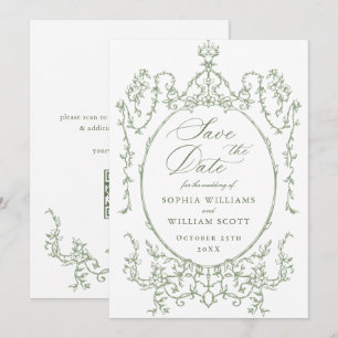 Victorian Ornate Blommigt Sage Grönt Bröllop QR-ko Spara Datumet