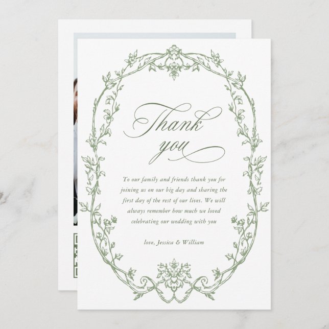 Victorian Ornate Blommigt Sage Grönt Bröllop QR-to Tack Kort (Fram/baksida)