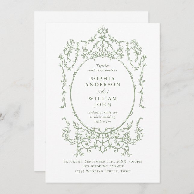 Victorian Ornate Blommigt Sage Grönt QR kod Bröllo Inbjudningar (Fram/baksida)