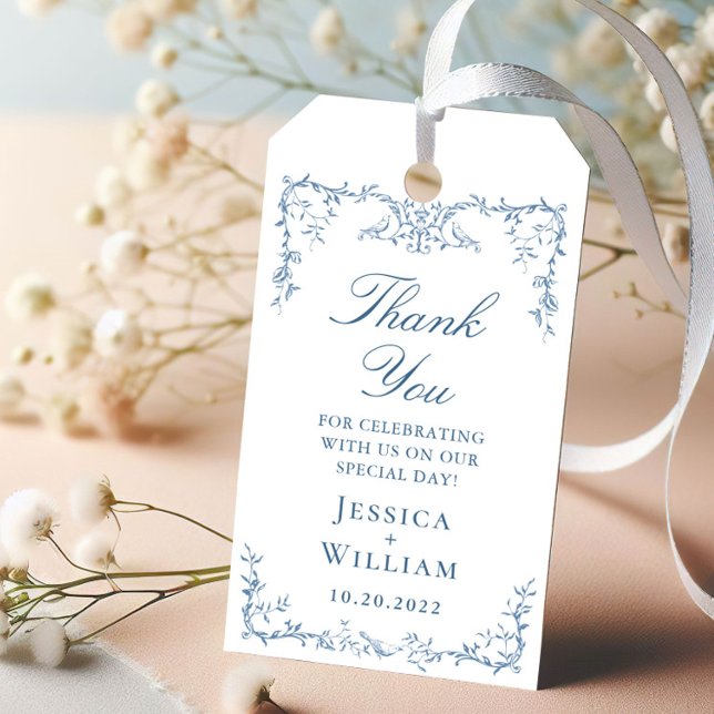 Victorian Ornate Dusty Blue Blommigt Bröllop Presentetikett (Skapare uppladdad)