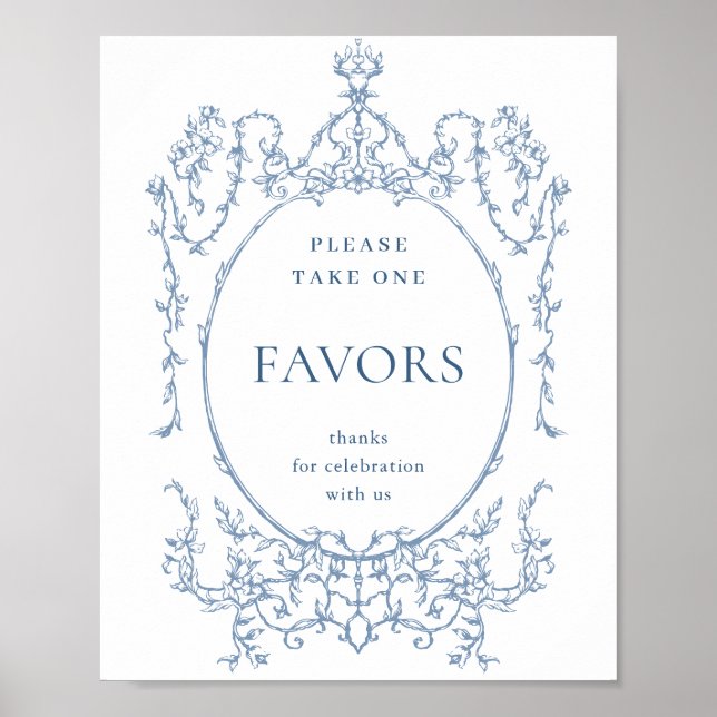 Victorian Ornate Dusty Blue Favors Bröllop Poster (Framsidan)