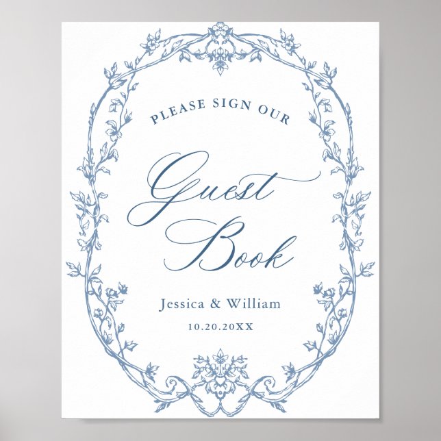 Victorian Ornate Dusty Blue Guestbook Bröllop Sign Poster (Framsidan)