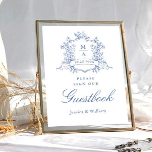 Victorian Ornate Dusty Blue Guestbook Bröllop Sign Poster