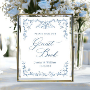 Victorian Ornate Dusty Blue Guestbook Bröllop Sign Poster