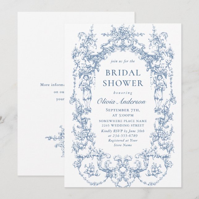 Victorian Ornate Dusty Blue Möhippa QR-kod Inbjudningar (Fram/baksida)