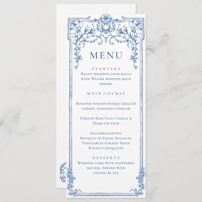 Victorian Ornate Grace Blommigt Blue Bröllop Menu Inbjudningar (Fram/baksida)
