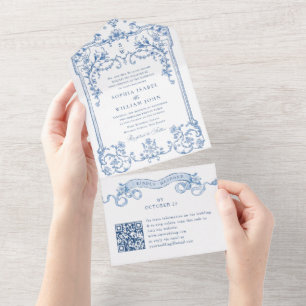 Victorian Ornate Grace Blommigt Blue Bröllop QR-ko