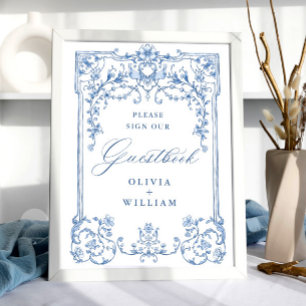 Victorian Ornate Grace Blommigt Blue Guestbook Poster
