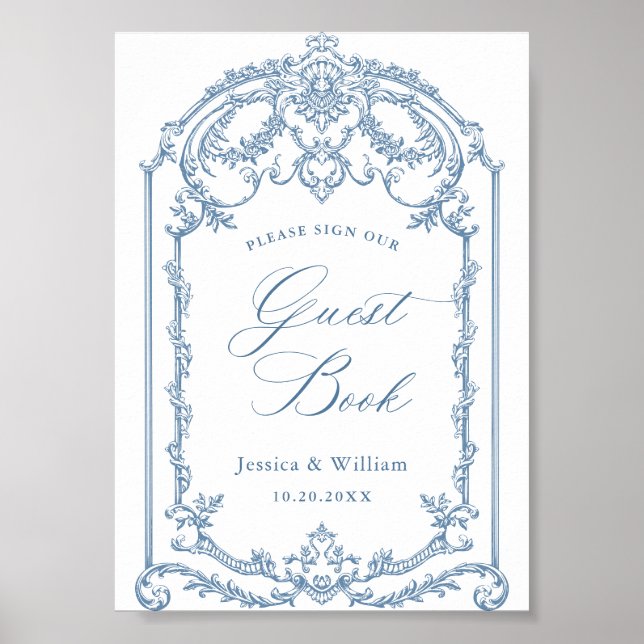 Victorian Ornate Grace Blommigt Blue Guestbook-tec Poster (Framsidan)