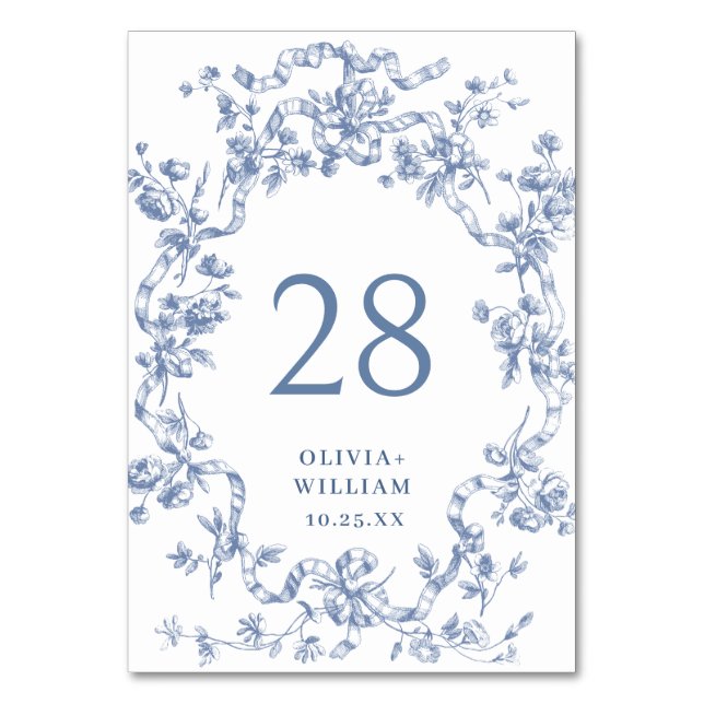 Victorian Ornate Grace Blommigt Dusty Blue Bröllop Bordsnummer (Framsidan)