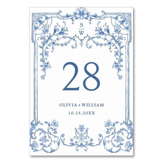 Victorian Ornate Grace Blommigt Dusty Blue Bröllop Bordsnummer (Framsidan)