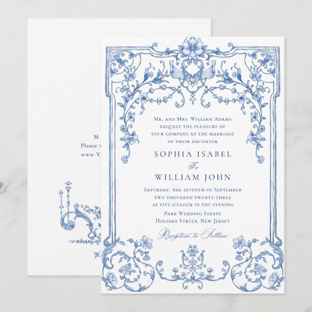 Victorian Ornate Grace Blommigt Dusty Blue Bröllop Inbjudningar (Fram/baksida)