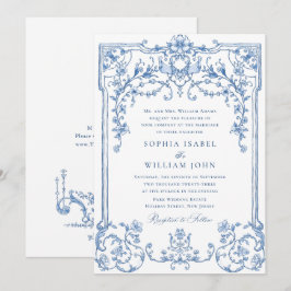 Victorian Ornate Grace Blommigt Dusty Blue Bröllop Inbjudningar